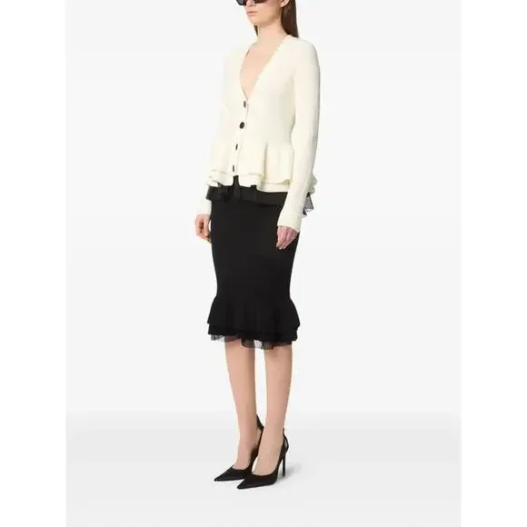 Nina RicciV Neck Layered Mix Ruffled Wool Knit Cardigan in Cream M